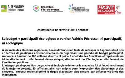 Communiqué de presse du jeudi 15 octobre – Le budget « participatif écologique » version Valérie Pécresse : ni participatif, ni écologique